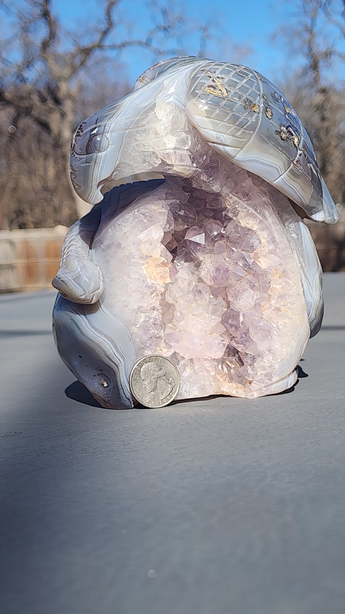 Hand carved eagle with snake on amethyst cluster